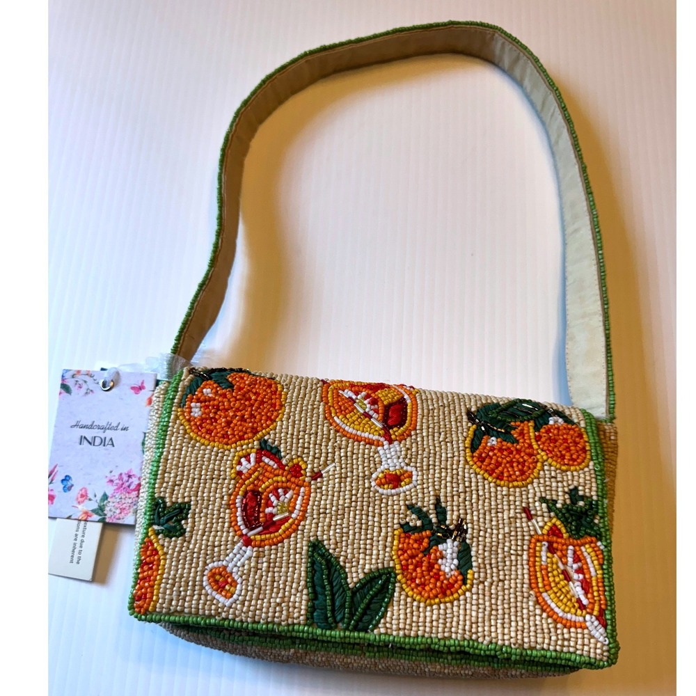 Handcrafted in India Beaded Citrus Cocktail Shoulder Bag Cream Orange Green NWT